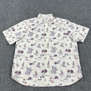 Tommy Bahama Shirt Mens XLT White Hula Hut Hawaiian Aloha Short‎ Sleeve Cotton